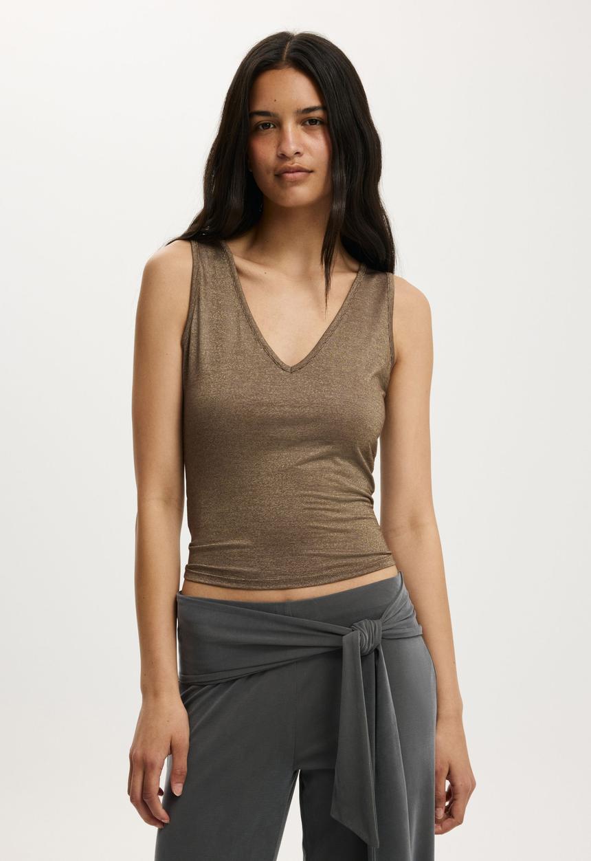 Cotton On - Lurex High Neck Tank - Dark Oak