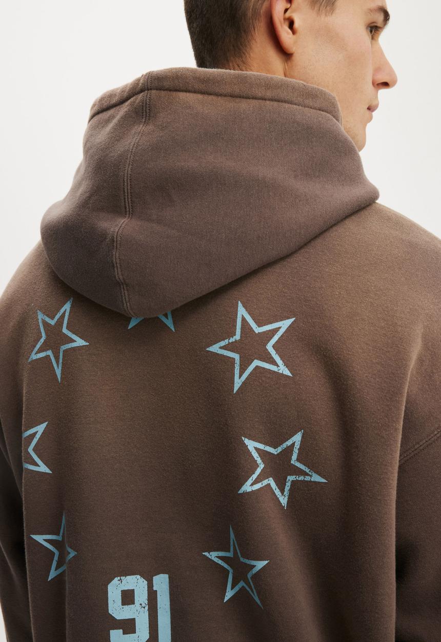Cotton On - Box Fit Graphic Hoodie - Washed Chocolate/Ninety One