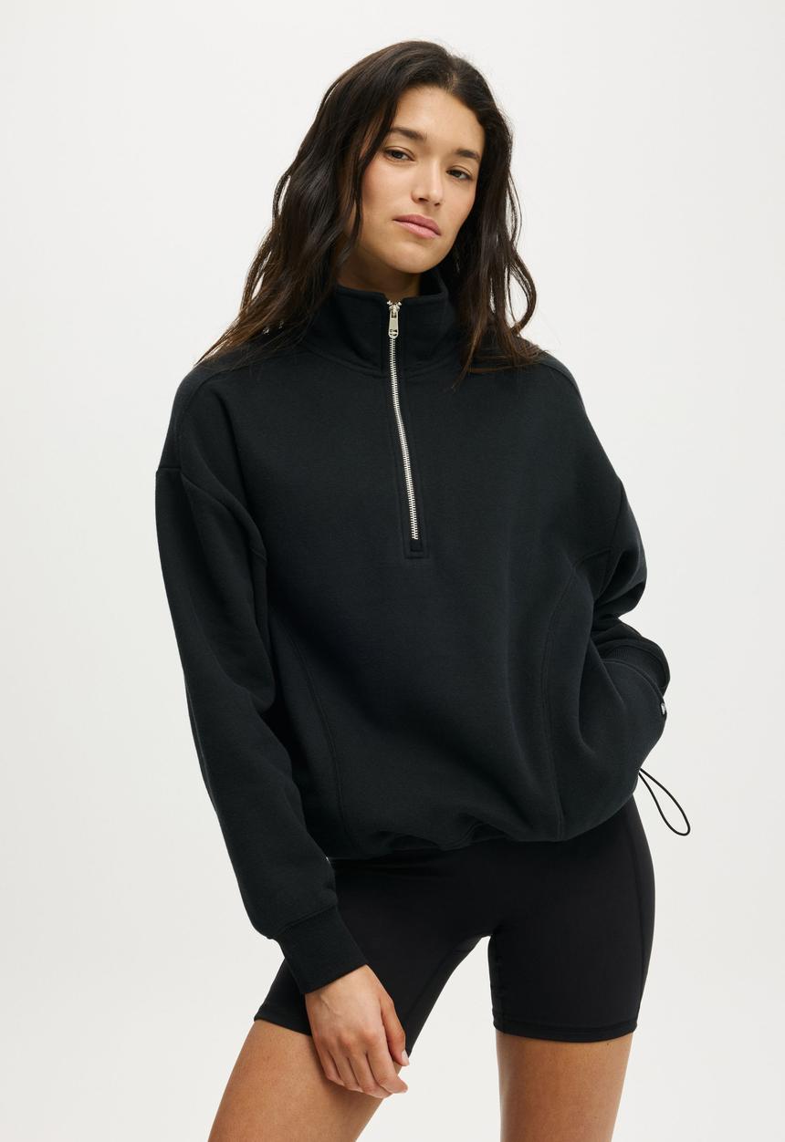 Cotton On - Plush Half Zip Sweatshirt - Black