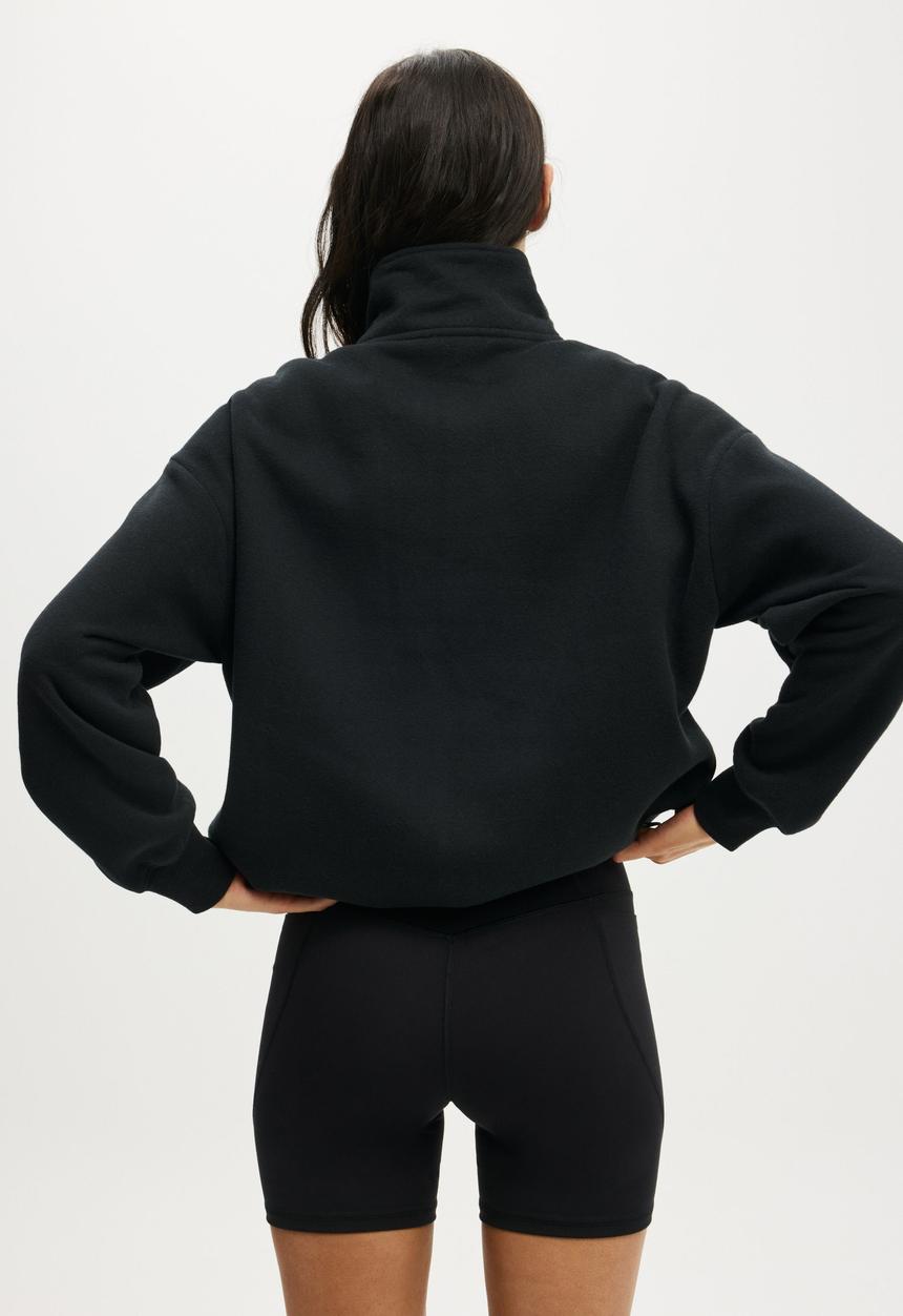 Cotton On - Plush Half Zip Sweatshirt - Black
