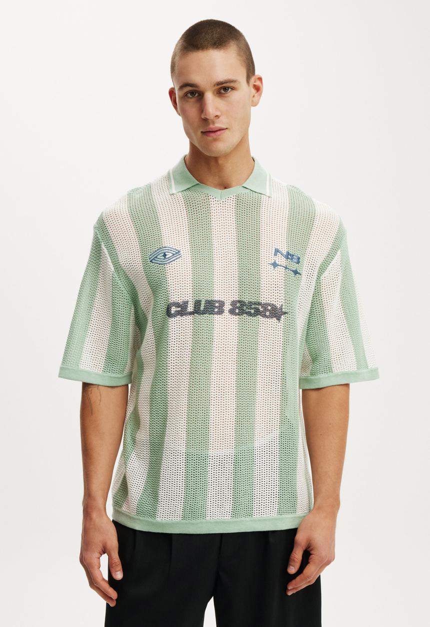 Cotton On - Knitted Sports Polo - Seafoam Stripe