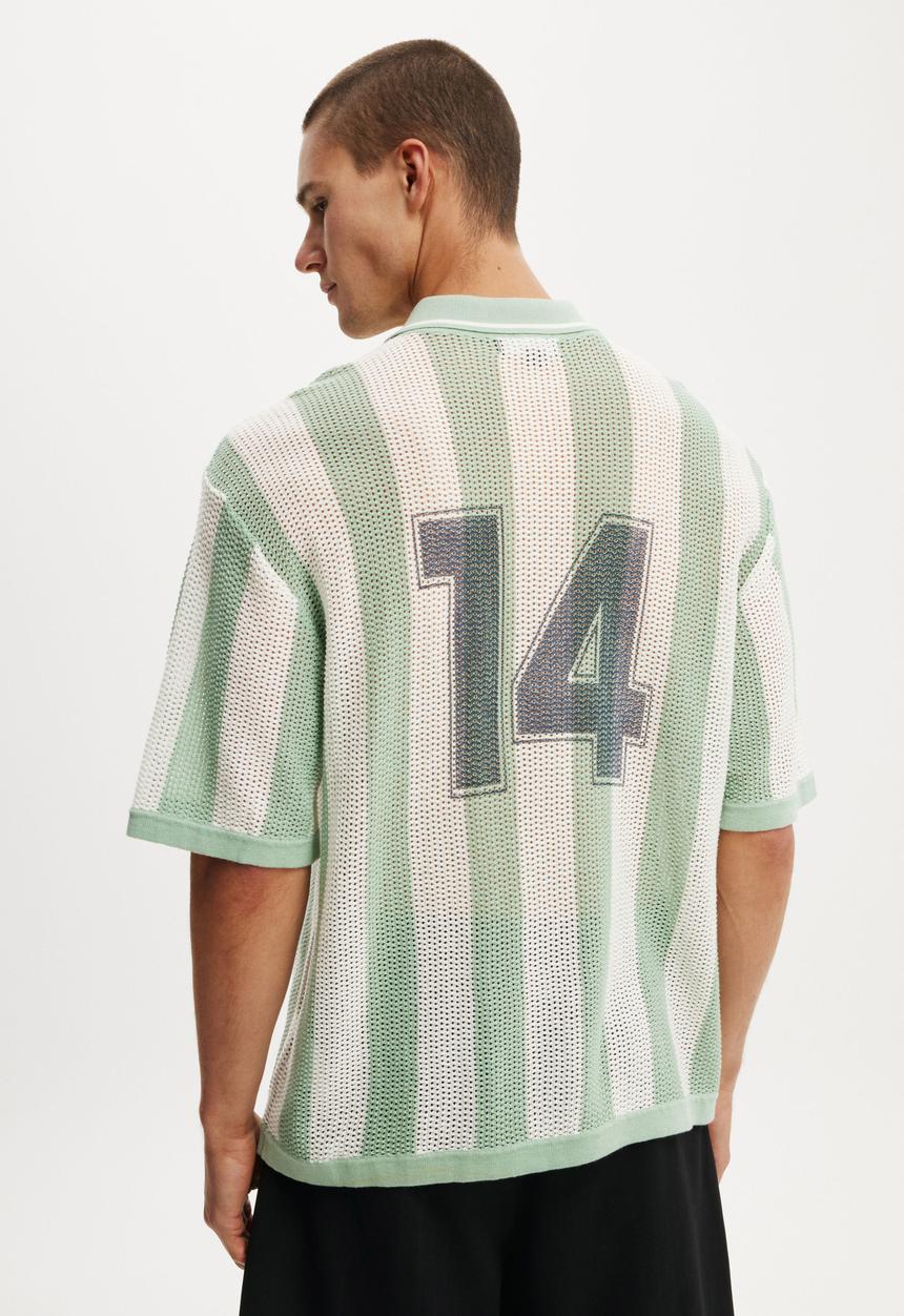 Cotton On - Knitted Sports Polo - Seafoam Stripe