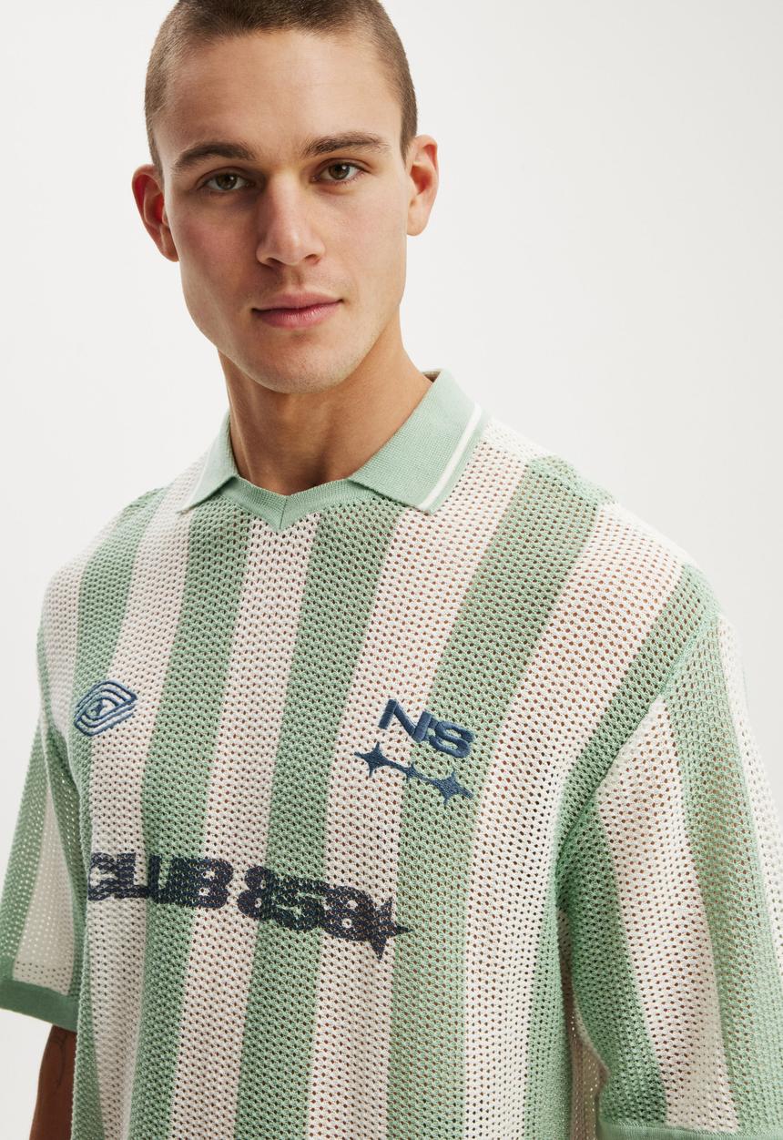 Cotton On - Knitted Sports Polo - Seafoam Stripe