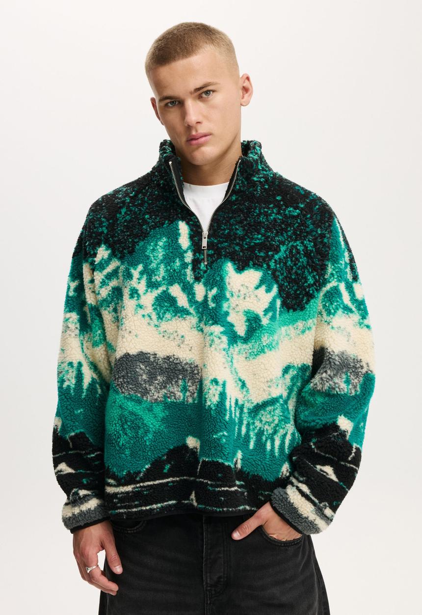 QUARTER ZIP TEDDY FLEECE - GREEN MULTI MOUNTAINS