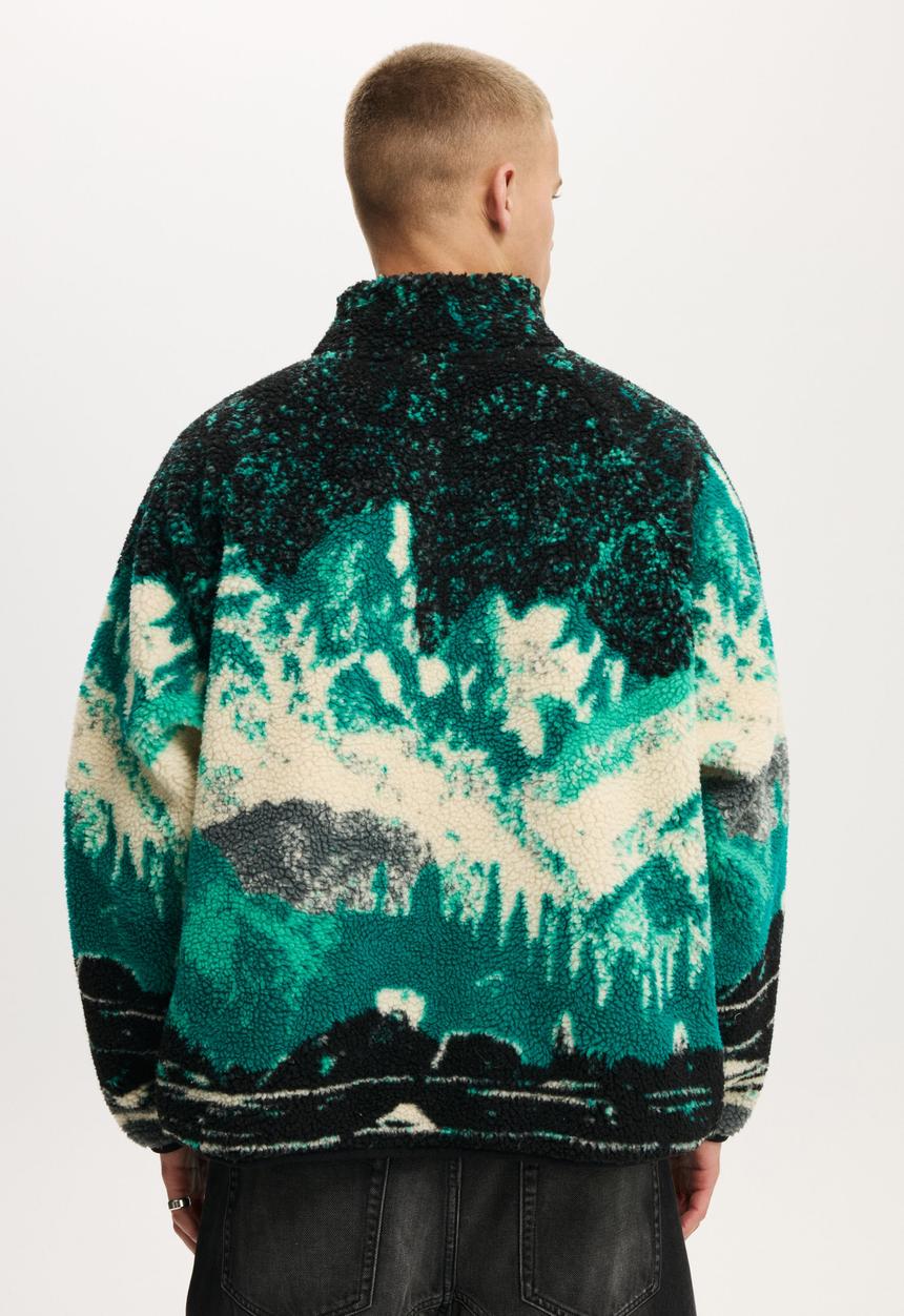 Cotton On - Quarter Zip Teddy Fleece - Green Multi Mountains
