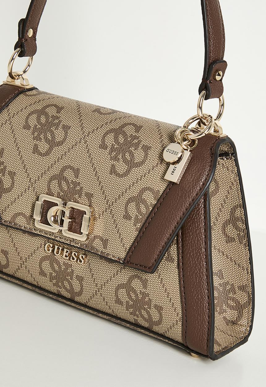 GUESS - Karnilla logo flap shoulder bag - latte logo/brown