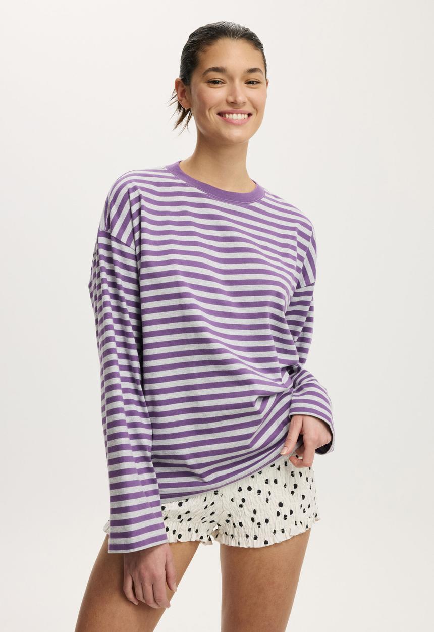 Cotton On - Oversized boxy long sleeve tee - sophie stripe plum pulse