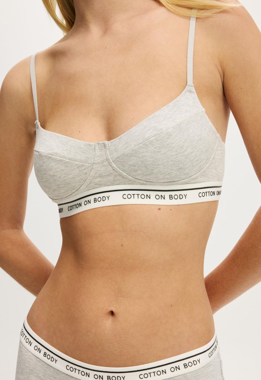 Cotton On - Branded Cotton Balconette Bralette - Grey Marle