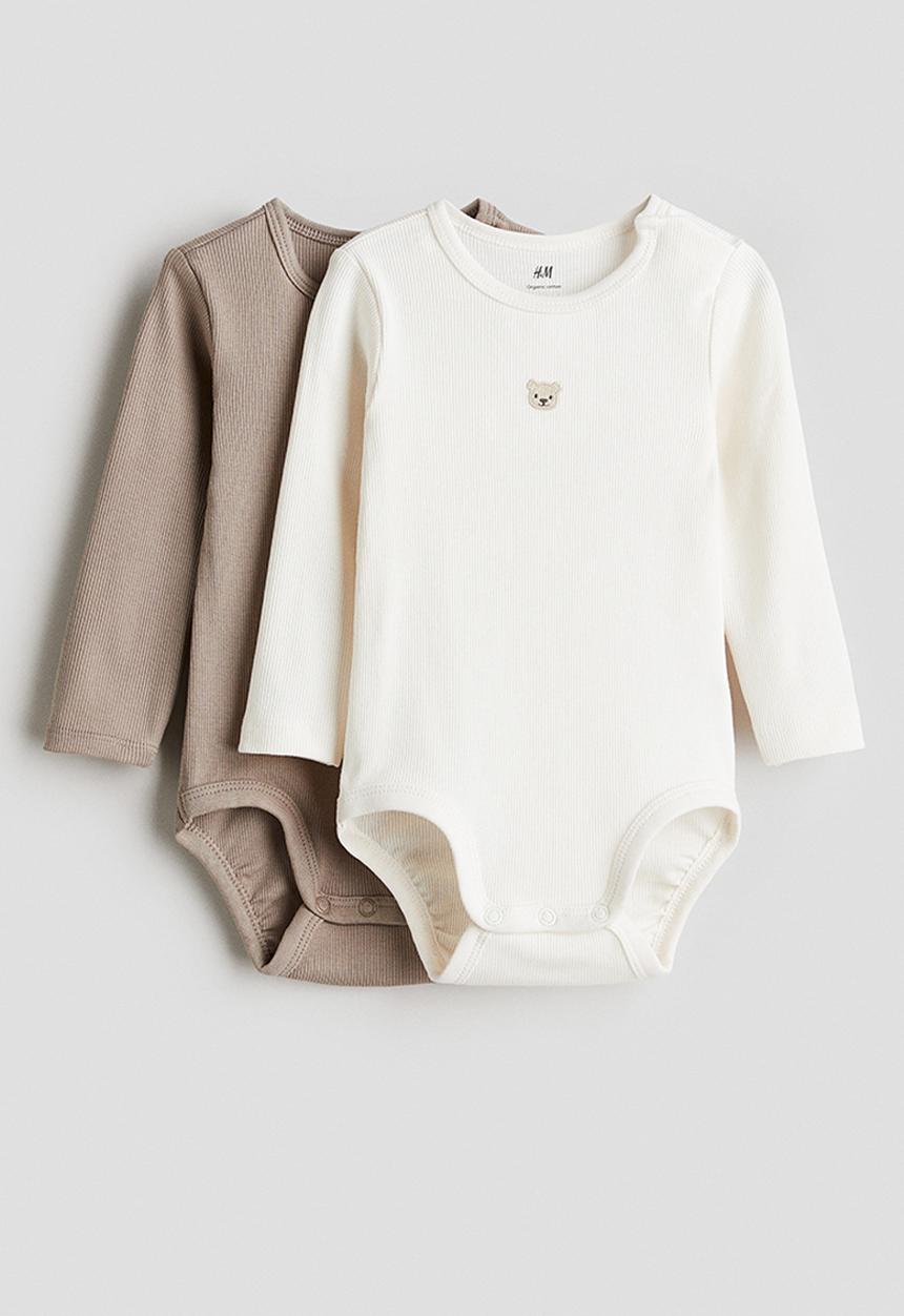 H&M - 2-Pack long-sleeved bodysuits - light brown & bear