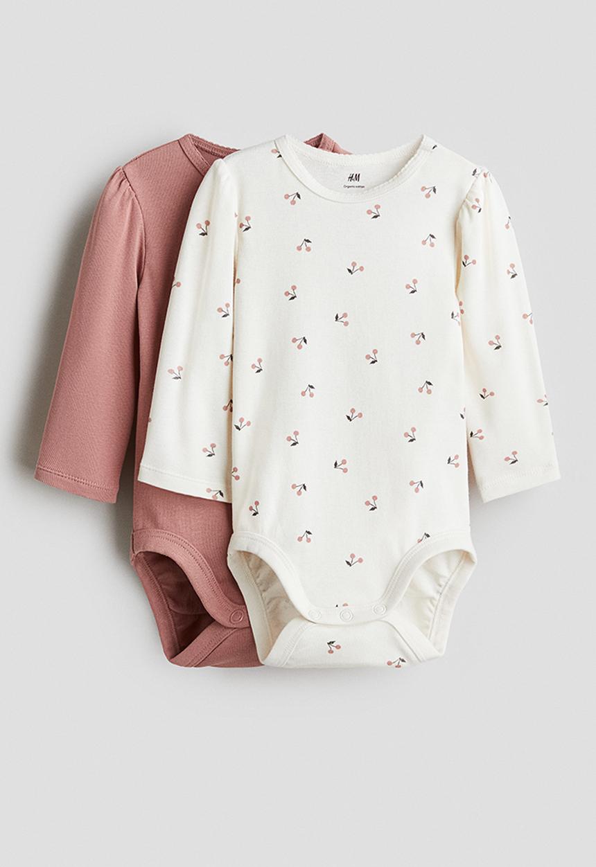 H&M - 2-Pack long-sleeved bodysuits - rosy pink/cherries