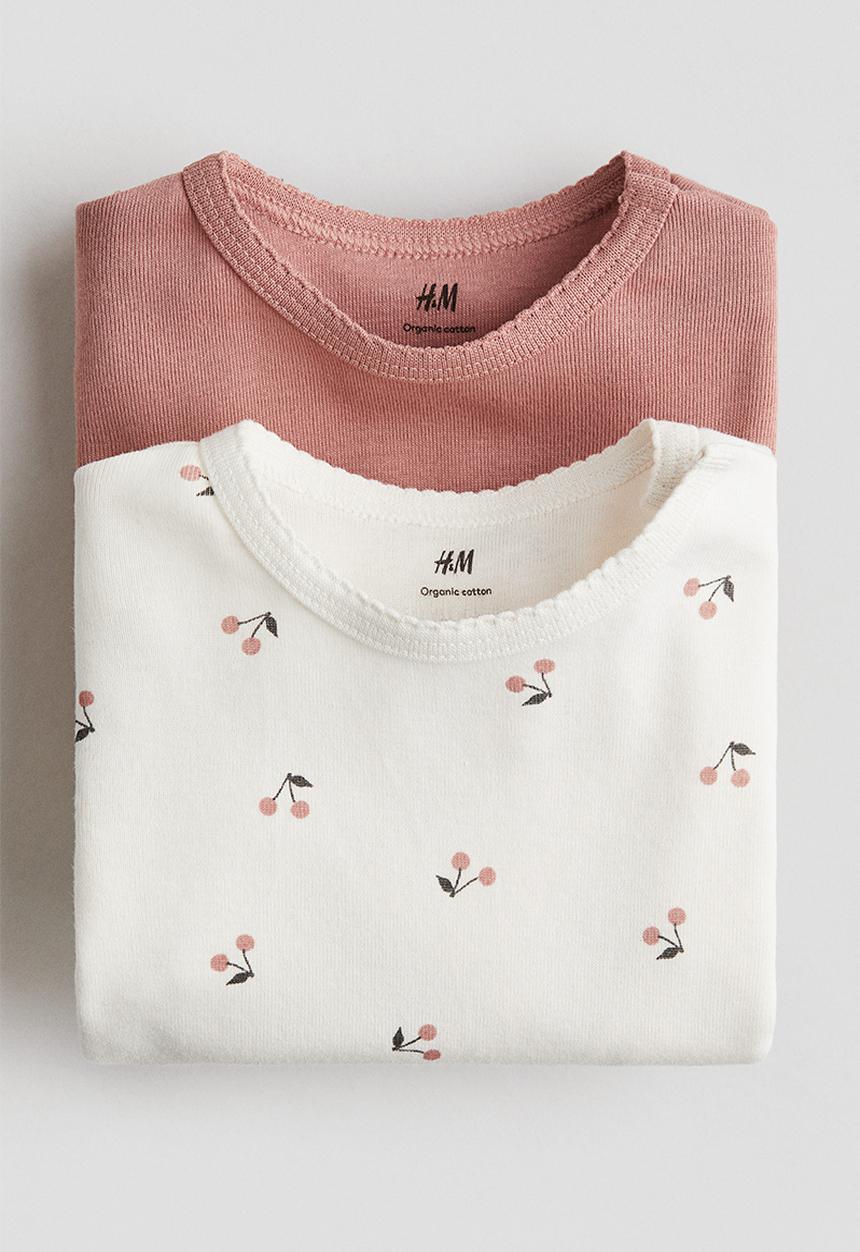 H&M - 2-Pack long-sleeved bodysuits - rosy pink/cherries