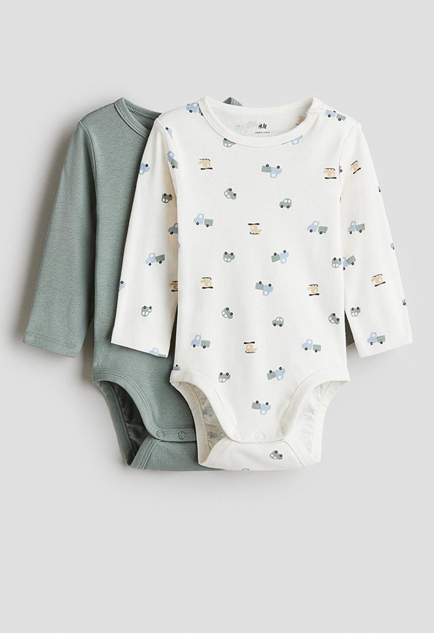 H&M - 2-Pack long-sleeved bodysuits - dusty green vehicles