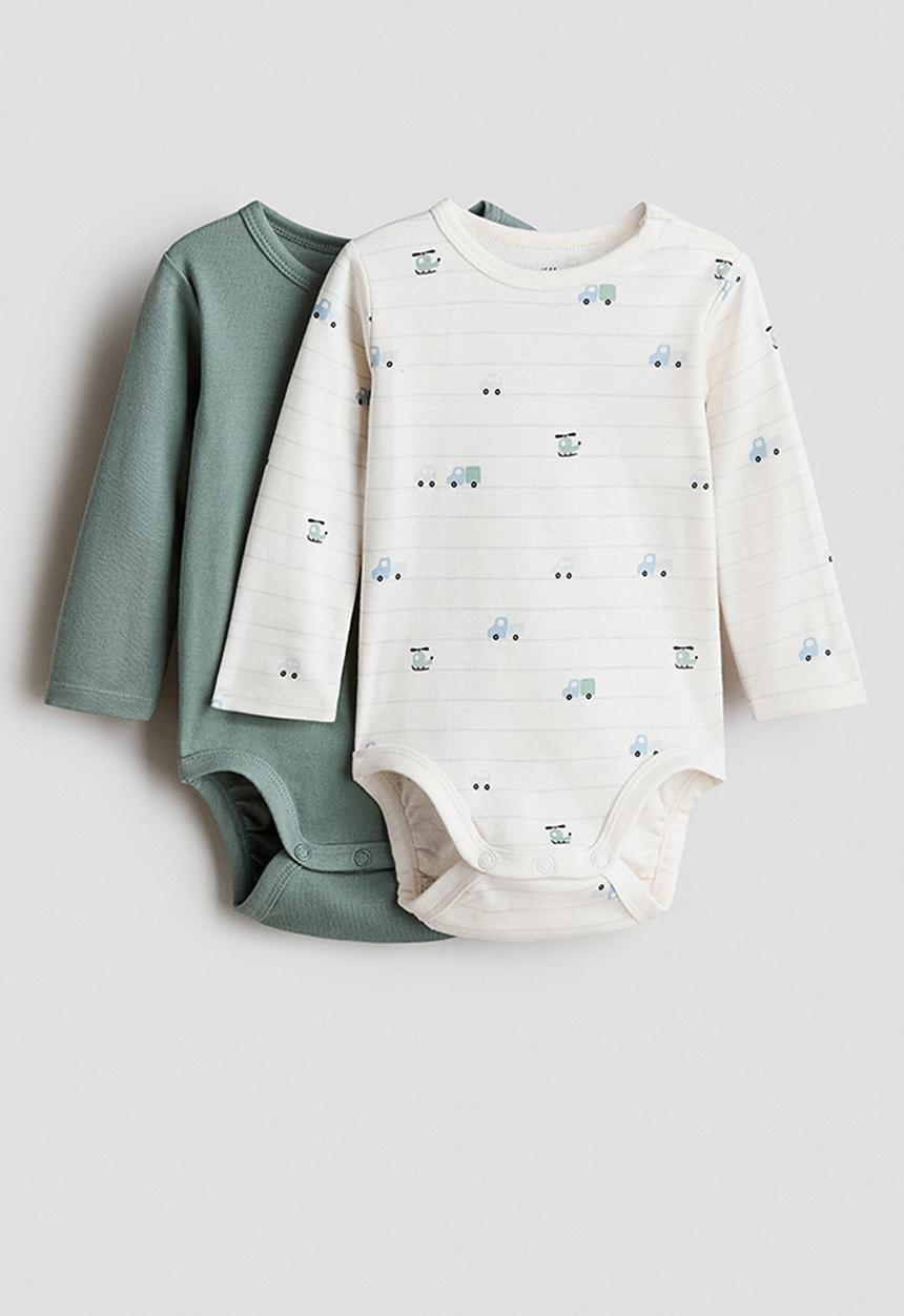 H&M - 2 pack long-sleeved bodysuits - dark green vehicles