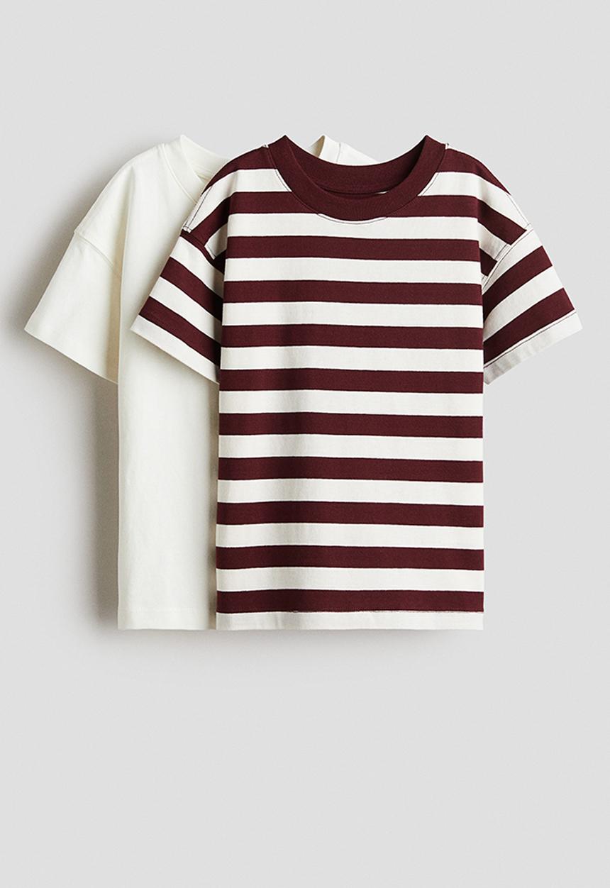 H&M - 2 pack oversized t-shirts - white & dark red striped