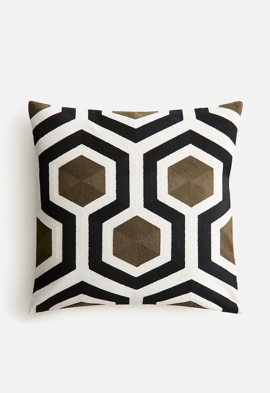 H&M - Embroidered cotton-blend cushion cover - khaki green/patterned 