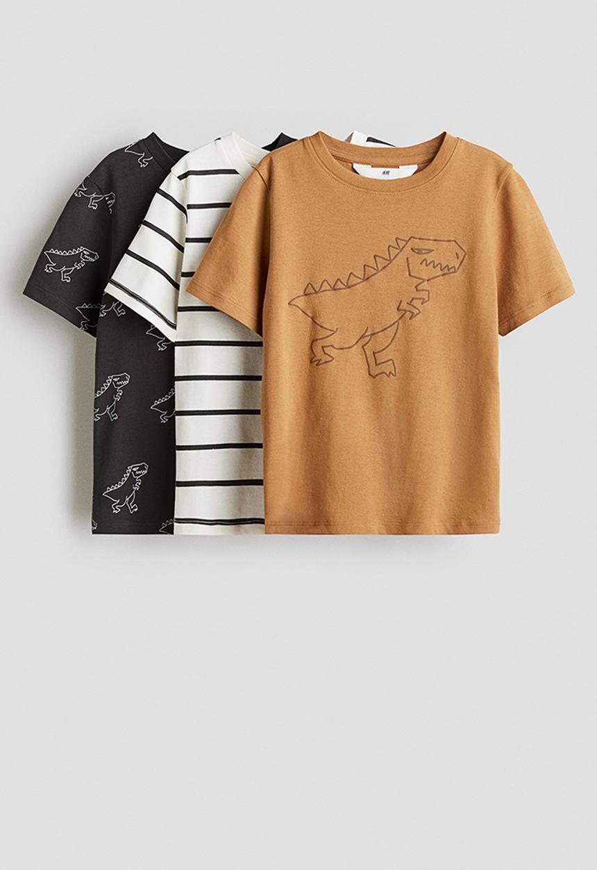 H&M - 3 pack cotton t-shirts - light brown dinosaur