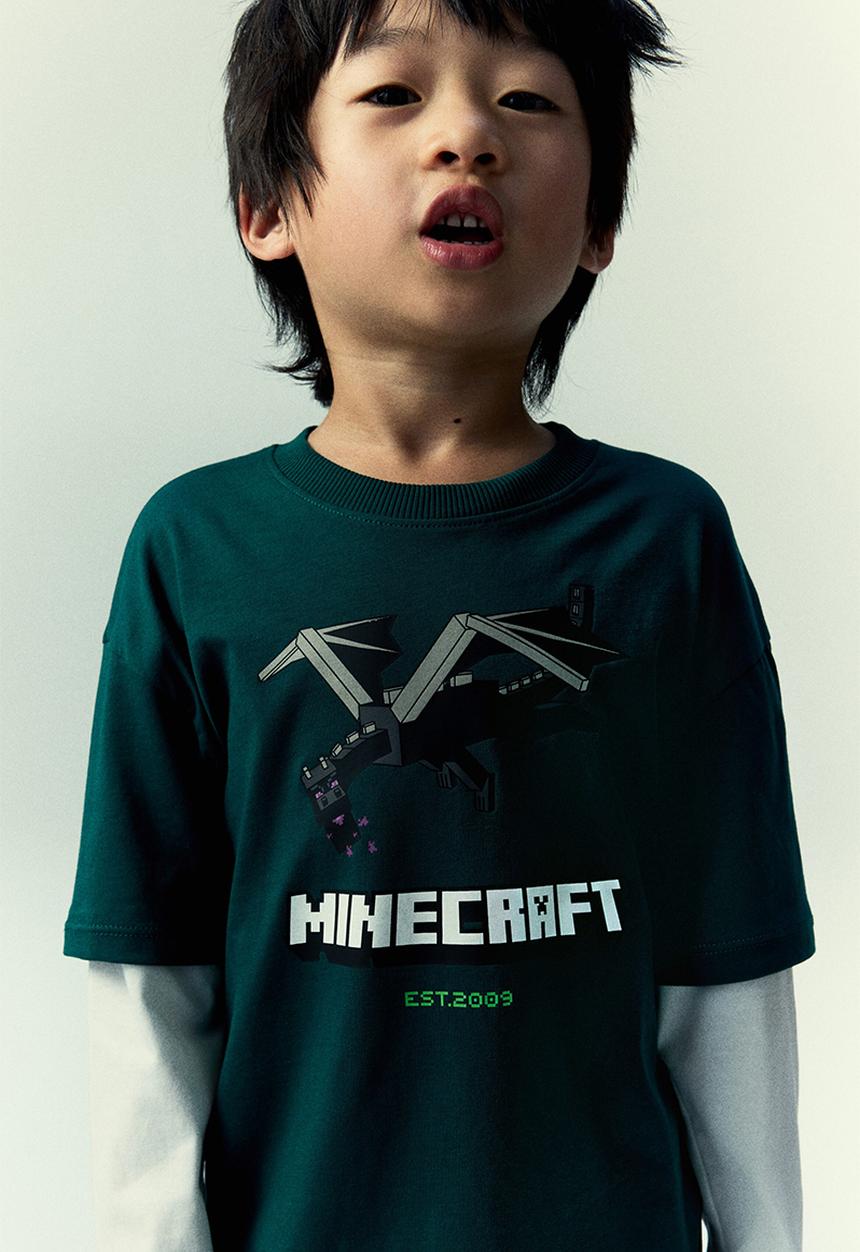H&M - Print-motif cotton T-shirt - dark green/minecraft