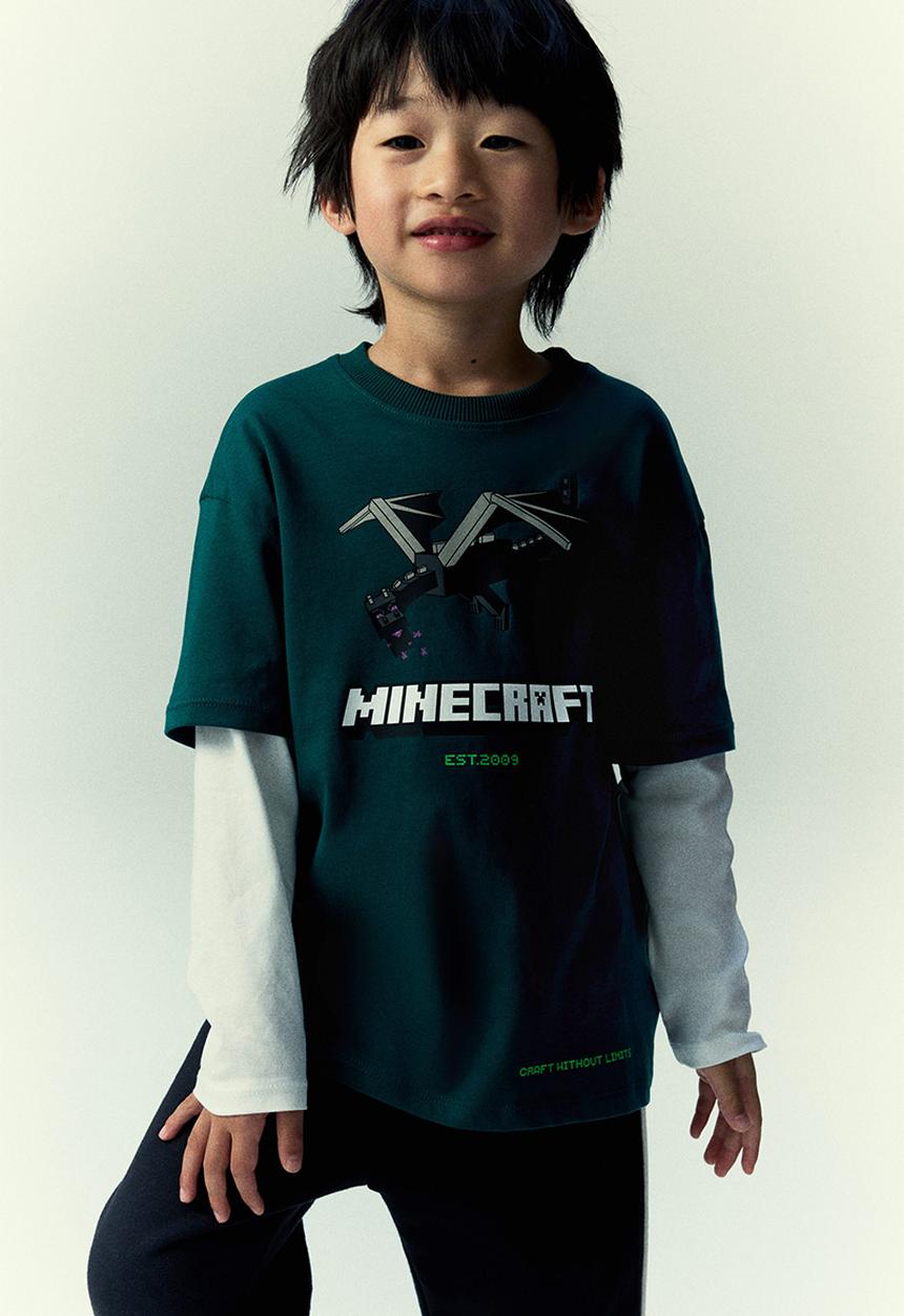 H&M - Print-motif cotton T-shirt - dark green/minecraft