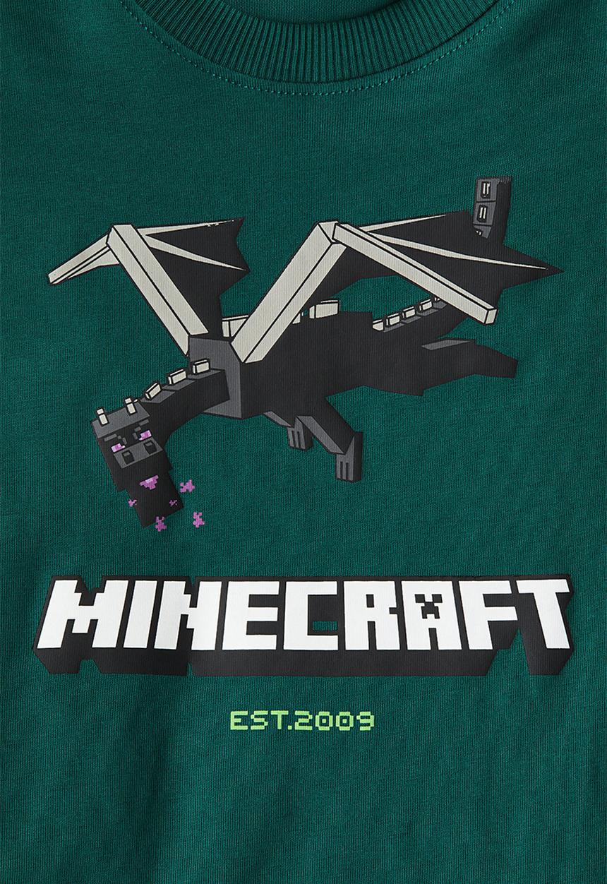 H&M - Print-motif cotton T-shirt - dark green/minecraft