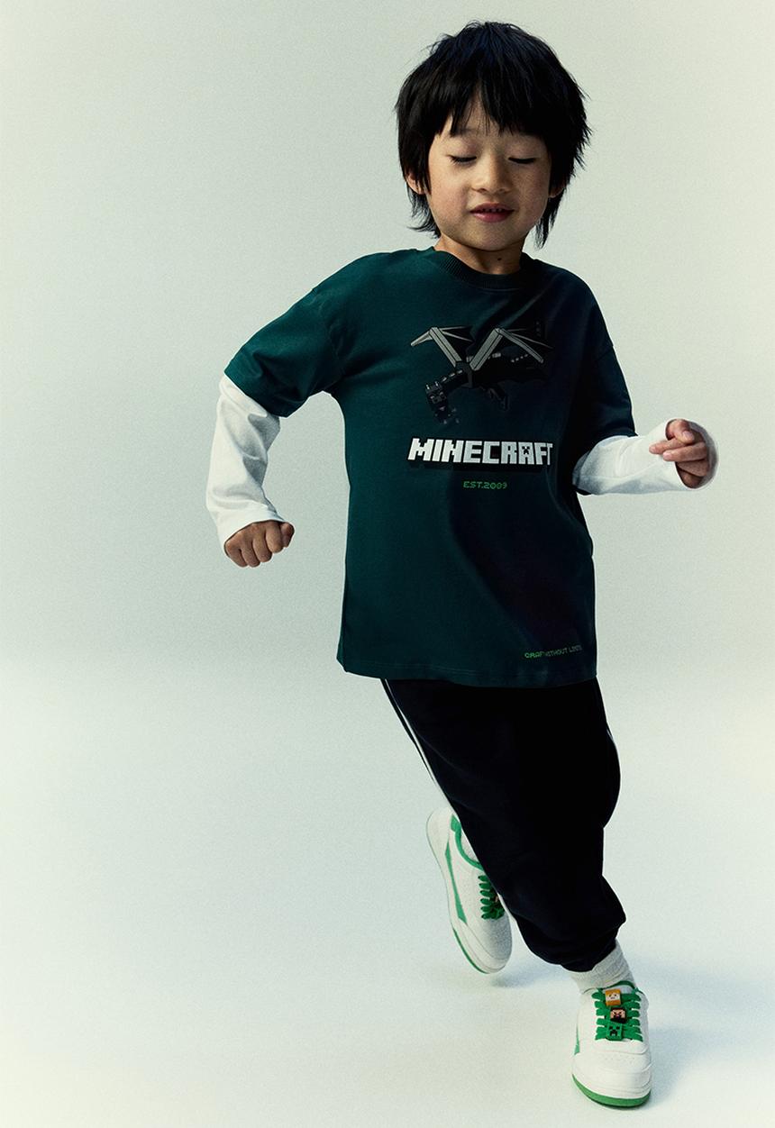H&M - Print-motif cotton T-shirt - dark green/minecraft