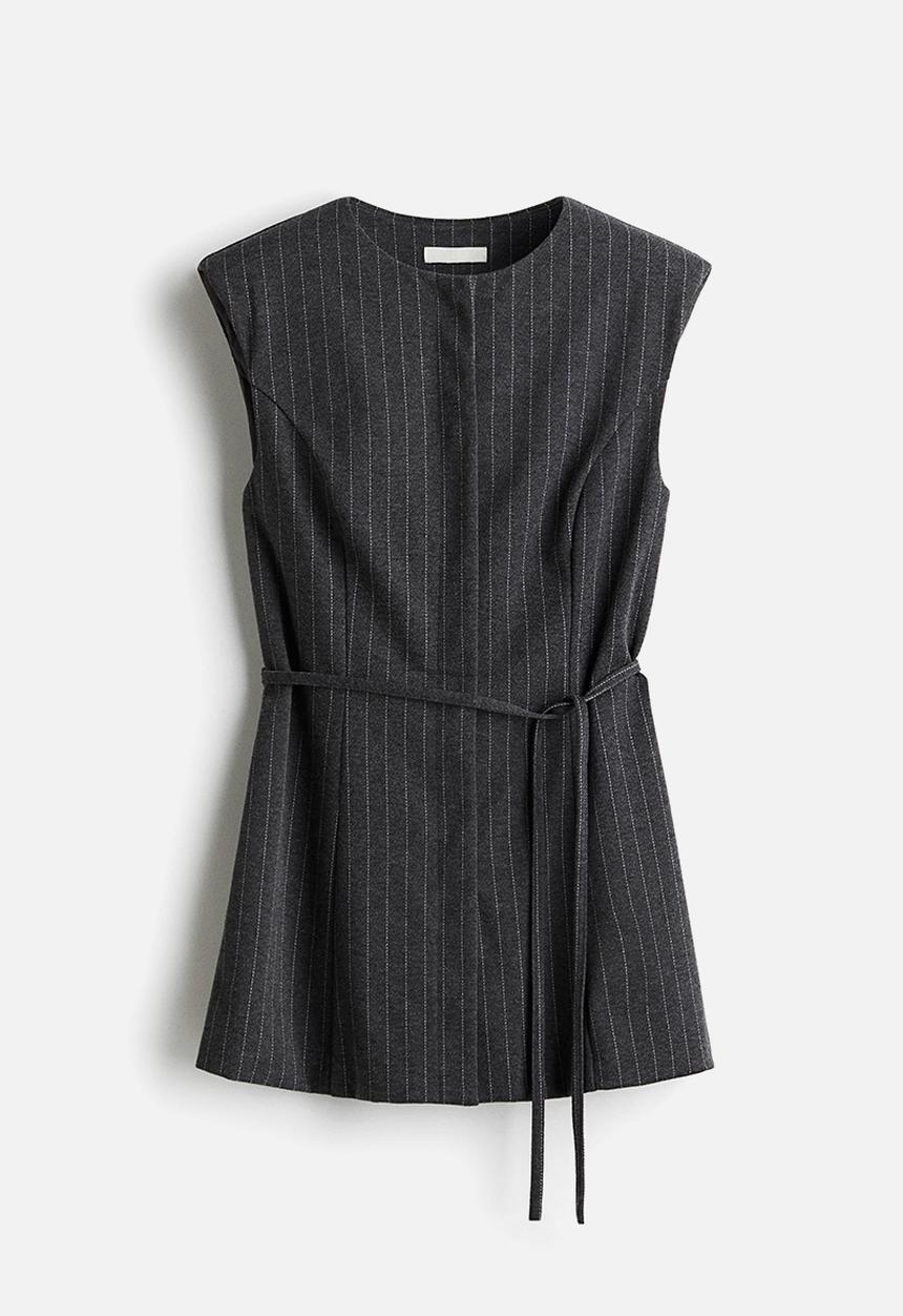 H&M - Tie-belt waistcoat - dark grey marl/pinstriped