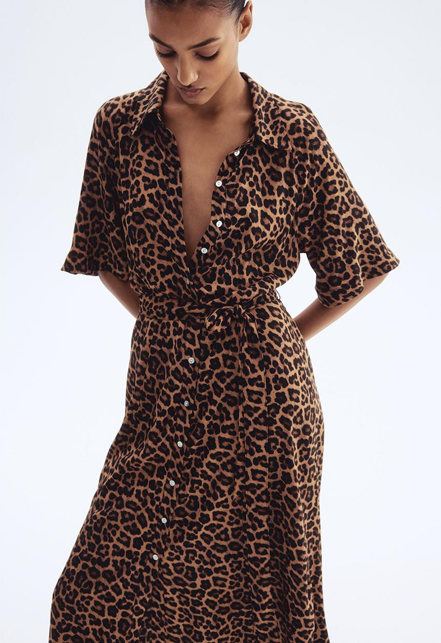 H&M - Tie-belt shirt dress - dark beige/leopard print