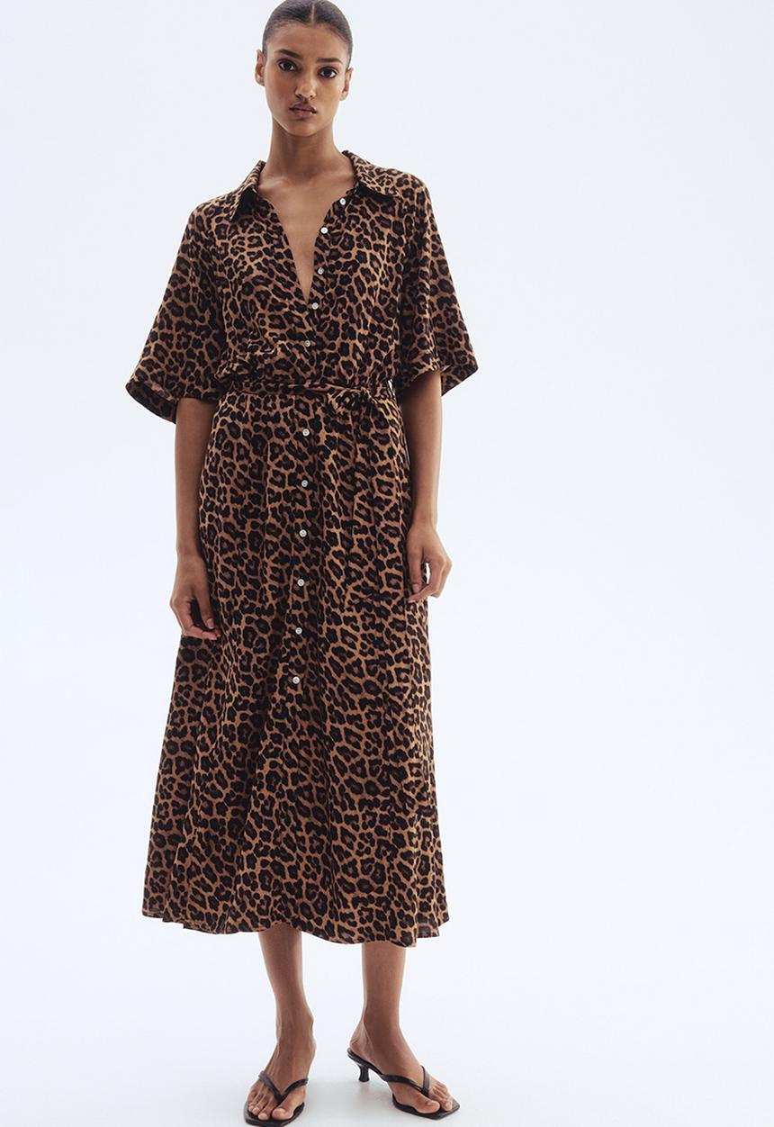H&M - Tie-belt shirt dress - dark beige/leopard print