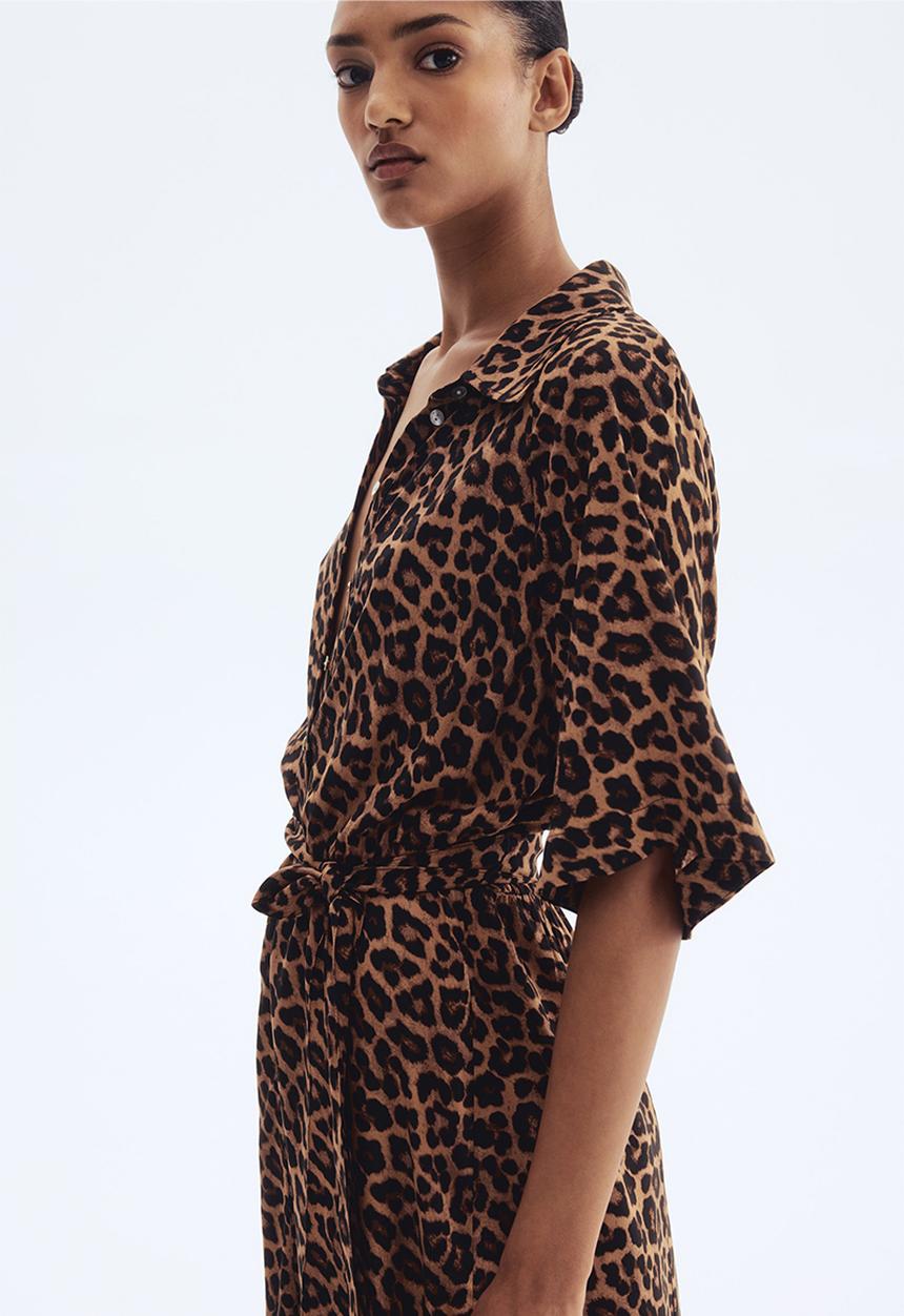 H&M - Tie-belt shirt dress - dark beige/leopard print