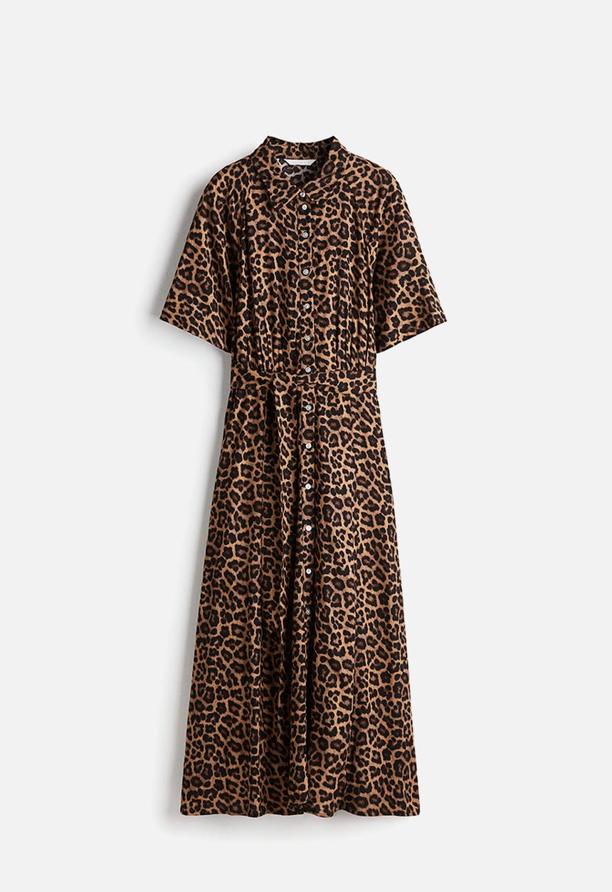 H&M - Tie-belt shirt dress - dark beige/leopard print