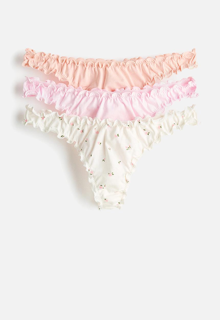 H&M - 3-pack overlock-detail thong briefs - white/floral 