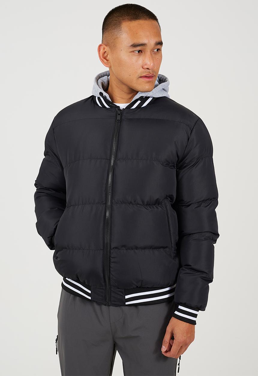 Brave Soul - Hooded Padded Zip Through Varsity Detachable Jersey Hood - Black