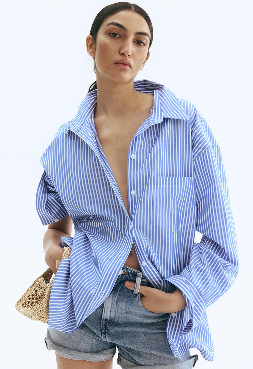 H&M - Oversized cotton poplin shirt - light blue & white striped