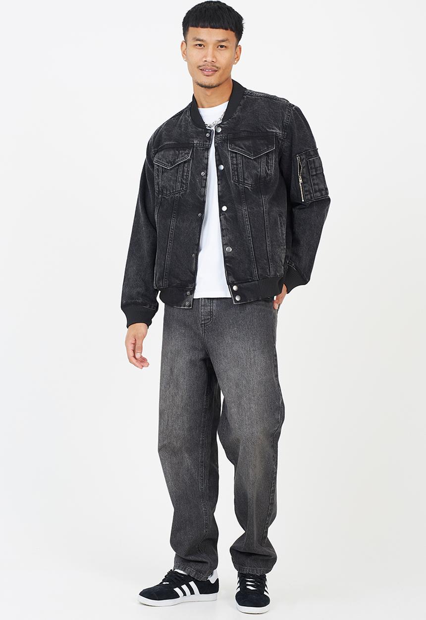 Brave Soul - Washed Denim Bomber Jacket - Black