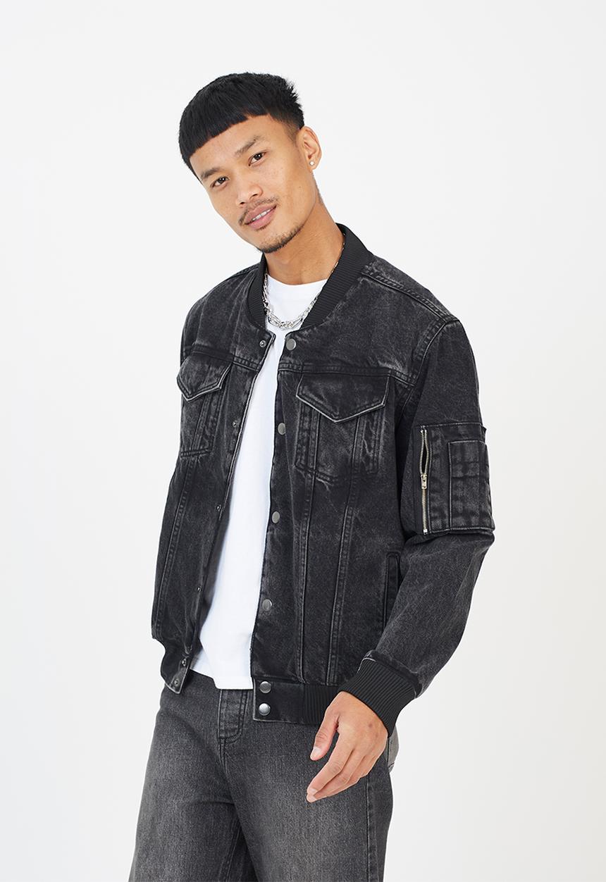 Brave Soul - Washed Denim Bomber Jacket - Black