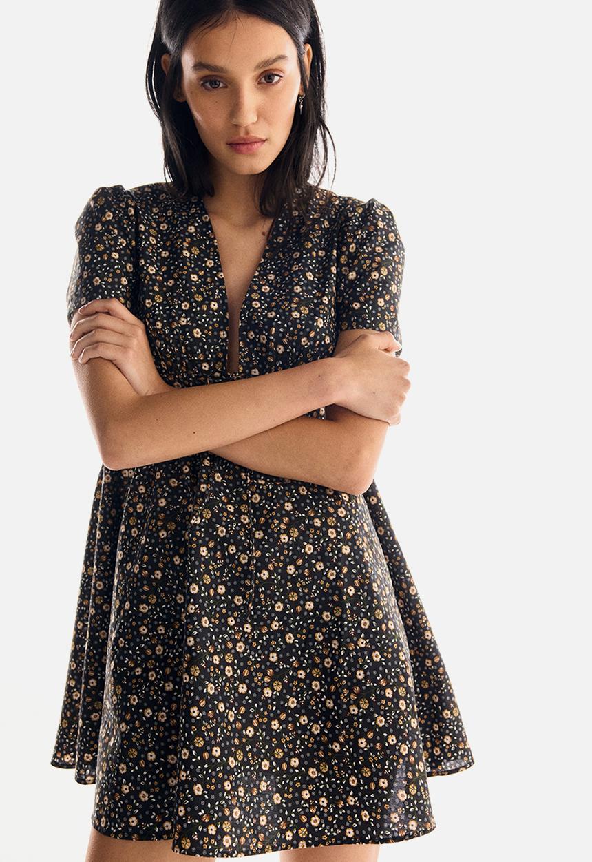 H&M - V-neck cotton poplin dress - black/floral 