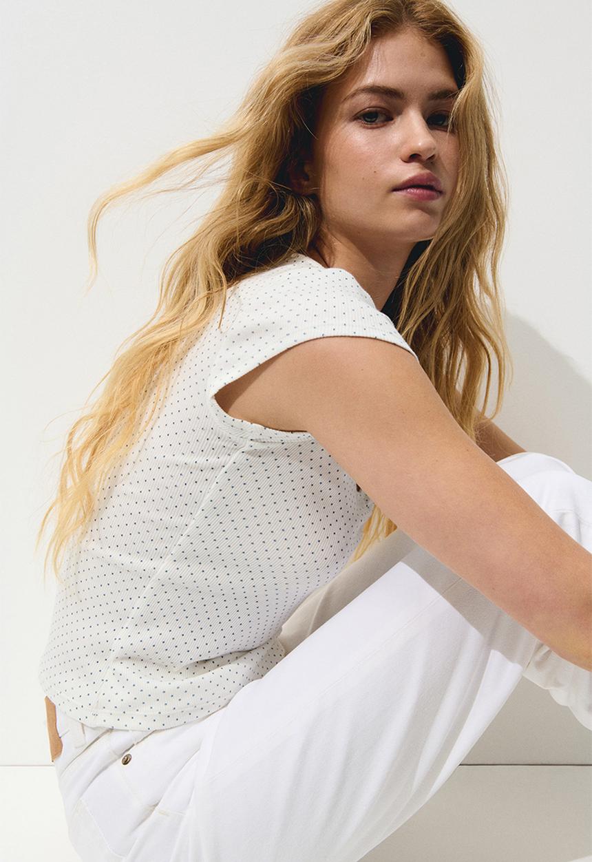 H&M - Ribbed T-shirt - white/spotted