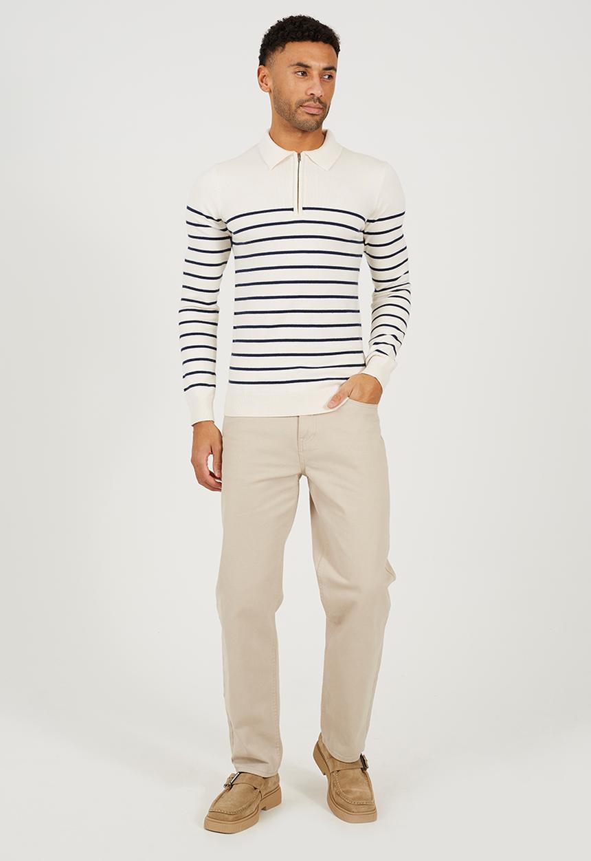 Brave Soul - A  Long Sleeve 1/4 Zip Knitted Polo - Cream / Midnight Navy