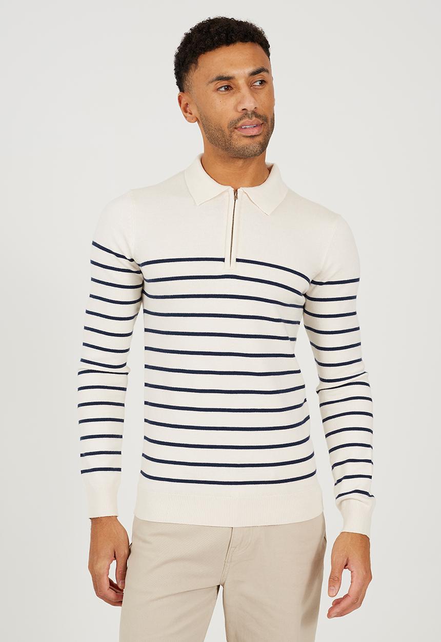Brave Soul - A  Long Sleeve 1/4 Zip Knitted Polo - Cream / Midnight Navy