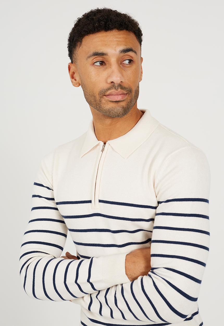 Brave Soul - A  Long Sleeve 1/4 Zip Knitted Polo - Cream / Midnight Navy