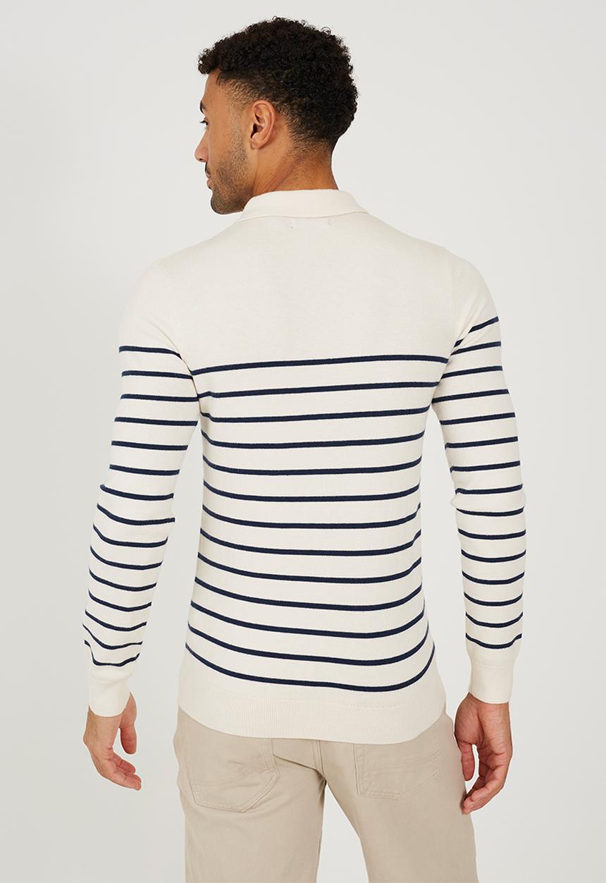 Brave Soul - A  Long Sleeve 1/4 Zip Knitted Polo - Cream / Midnight Navy