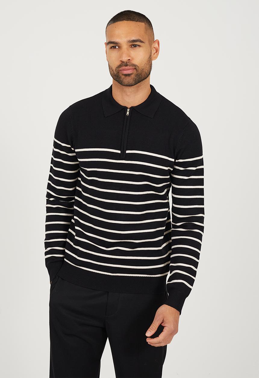 Brave Soul - A  Long Sleeve 1/4 Zip Knitted Polo - Jet Black / Cream
