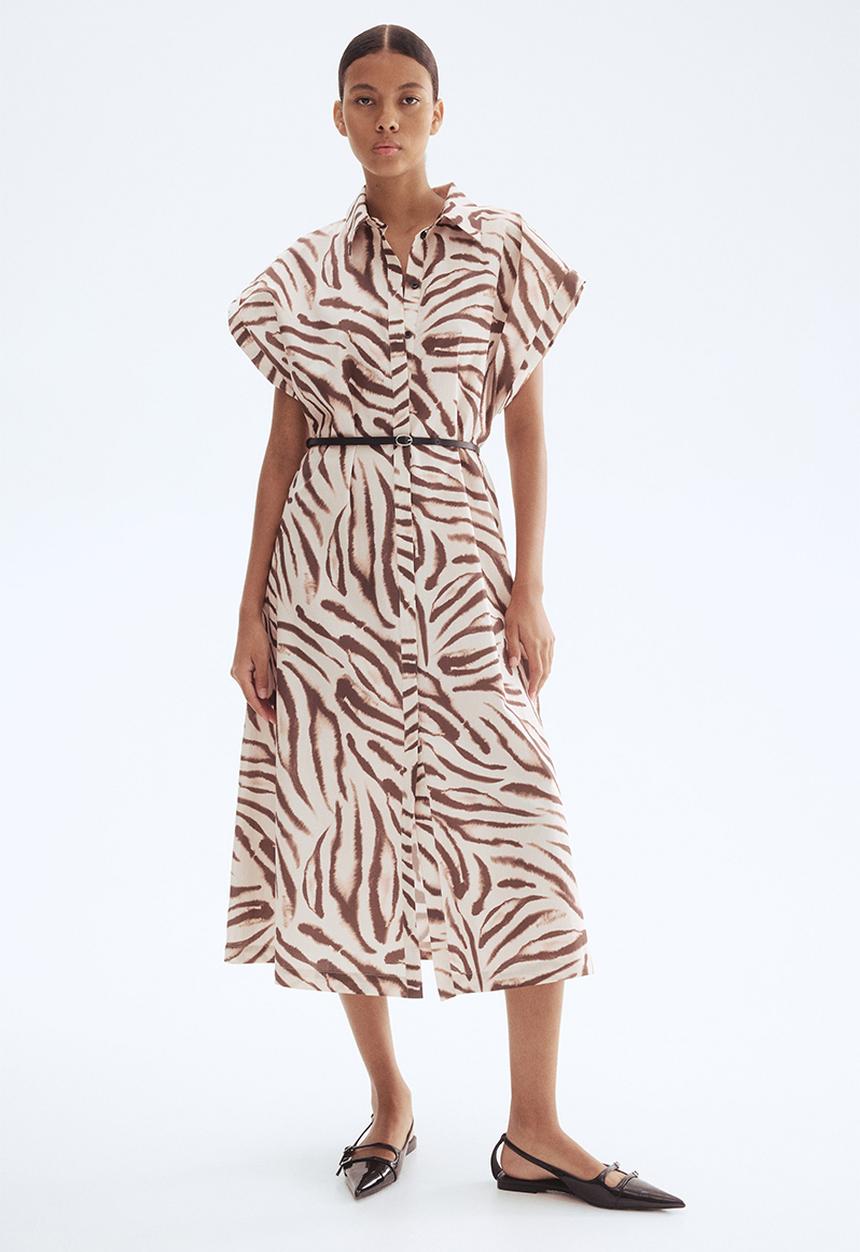 H&M - Belted poplin dress - light beige zebra print