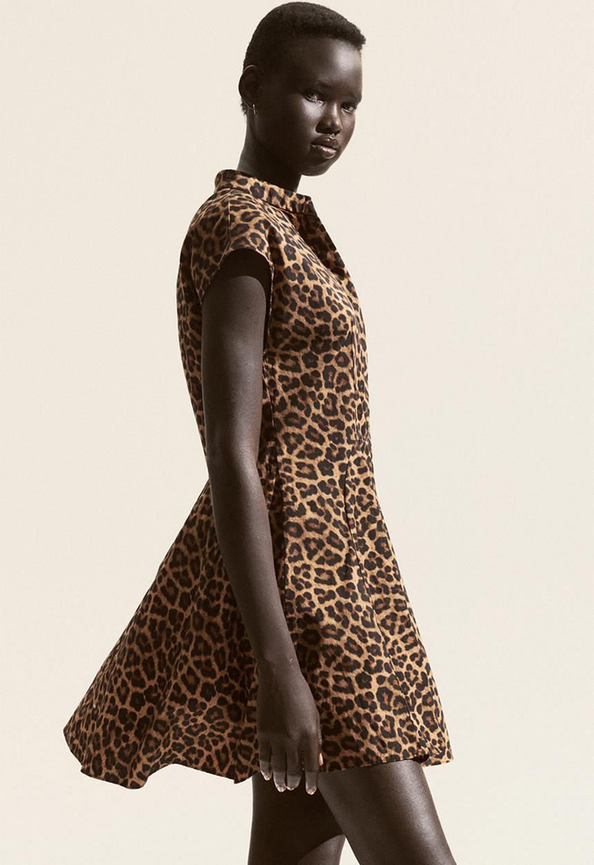 H&M - Flared poplin dress - beige leopard print