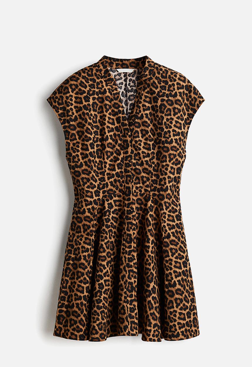 H&M - Flared poplin dress - beige leopard print