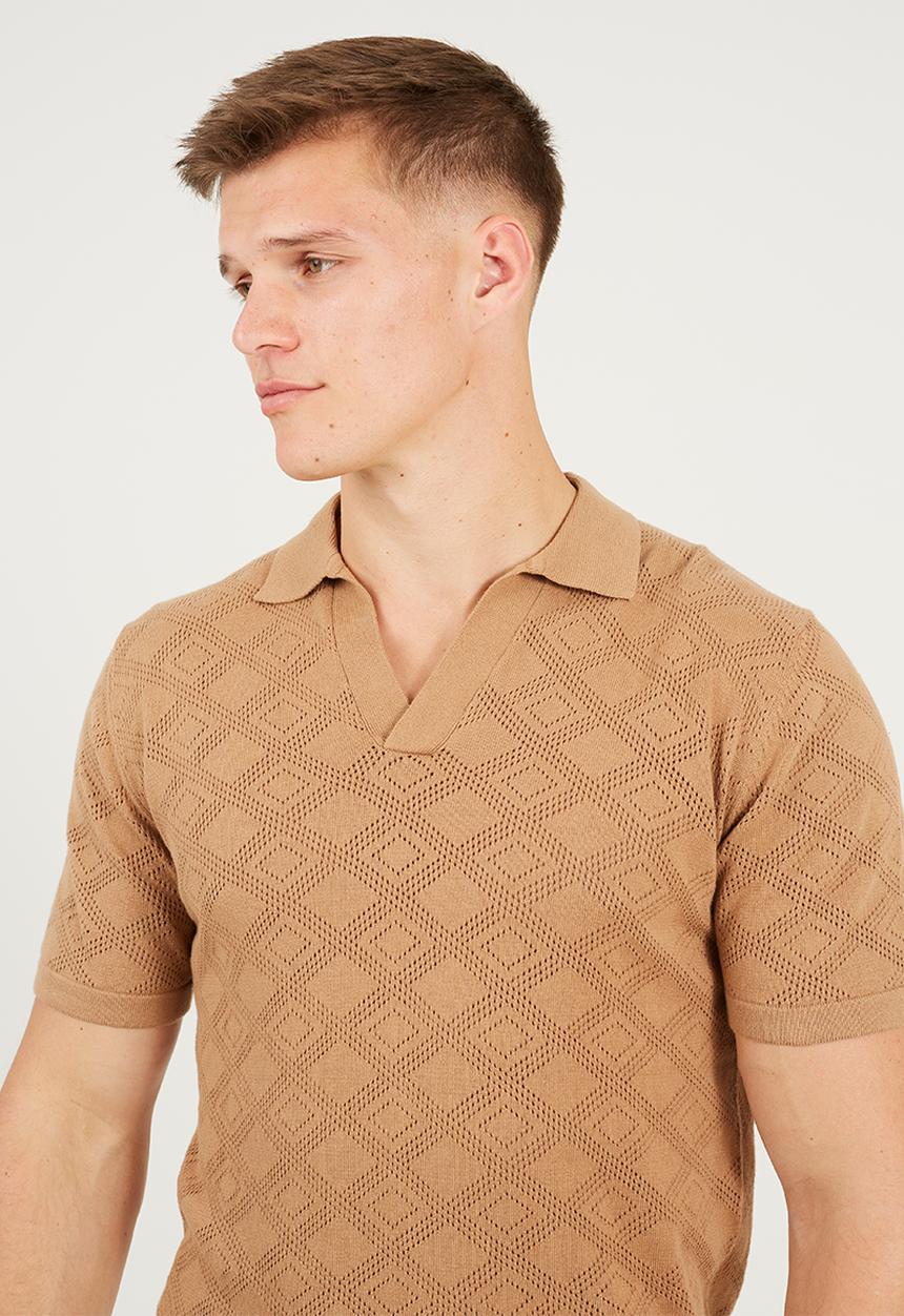 Brave Soul - Short Sleeved Open Collar Knitted Polo - Light Tan