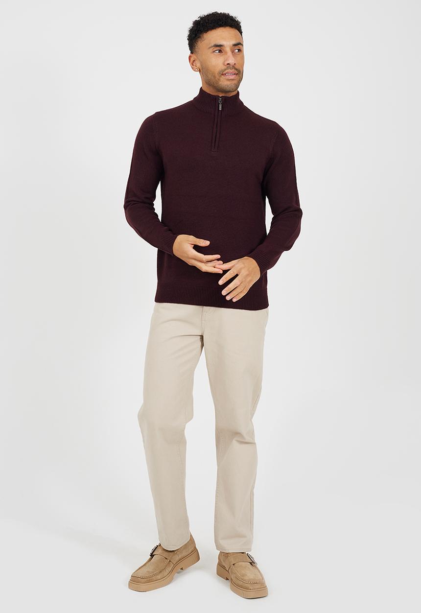 Brave Soul - Quarter Zip Funnel Neck Sweater - Oxblood