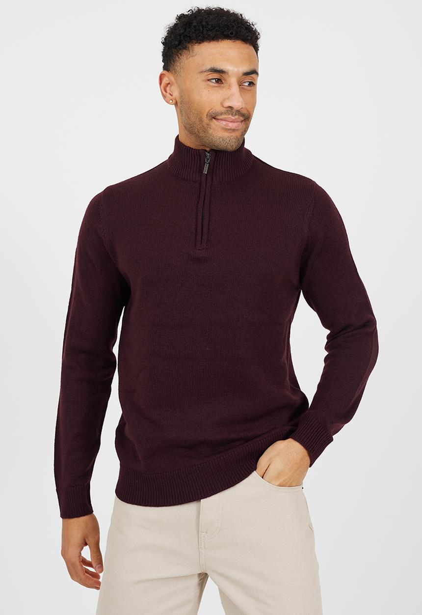 Brave Soul - Quarter Zip Funnel Neck Sweater - Oxblood