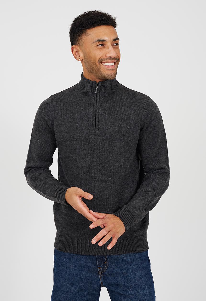 Brave Soul - Quarter Zip Funnel Neck Sweater - Dk Charcoal Marl