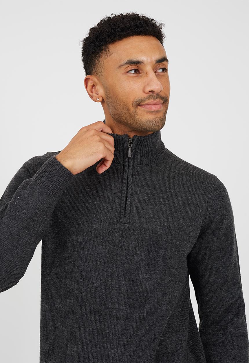 Brave Soul - Quarter Zip Funnel Neck Sweater - Dk Charcoal Marl