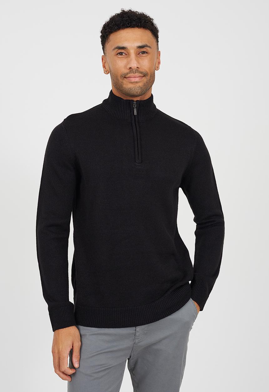 Brave Soul - Quarter Zip Funnel Neck Sweater - Jet Black